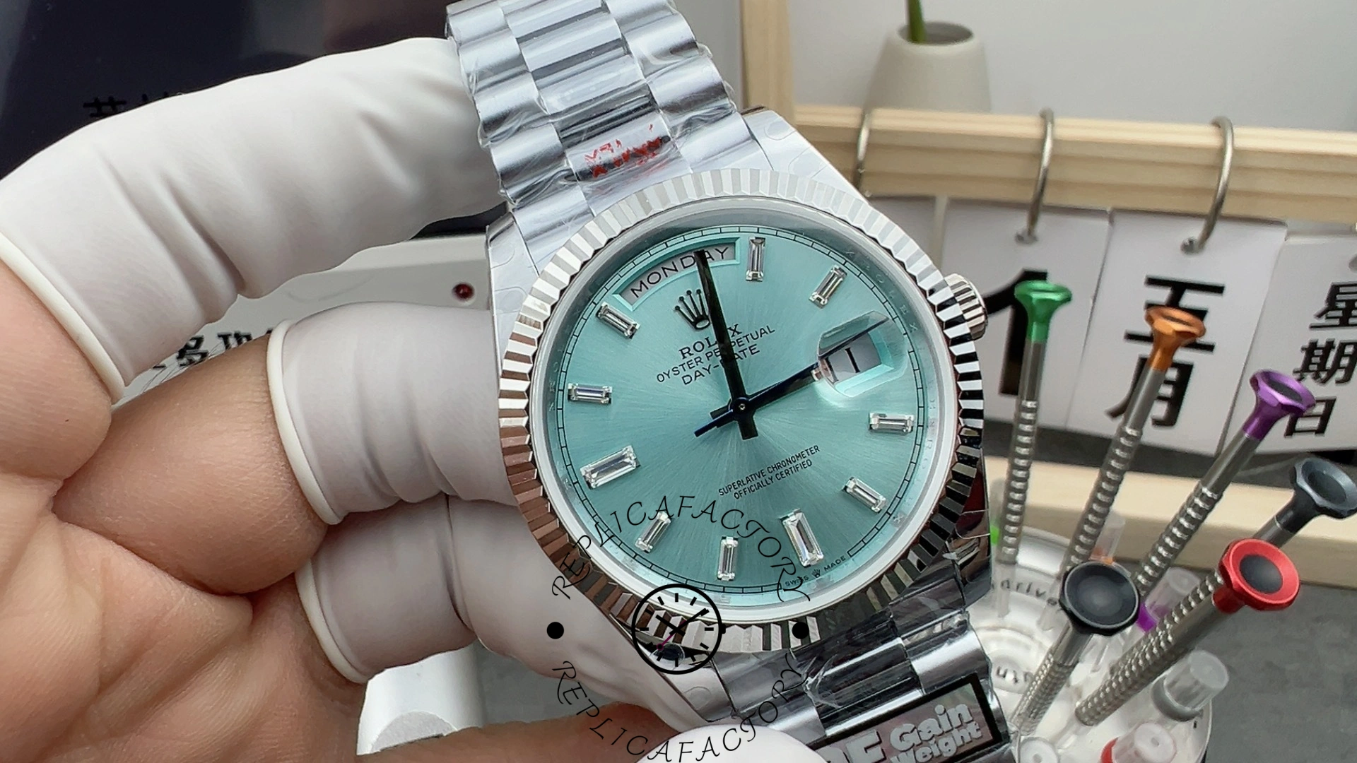 Replica Rolex Day Date 40mm Platinum 228236 0006 Ice Blue Baguette - QualitySwissReplica