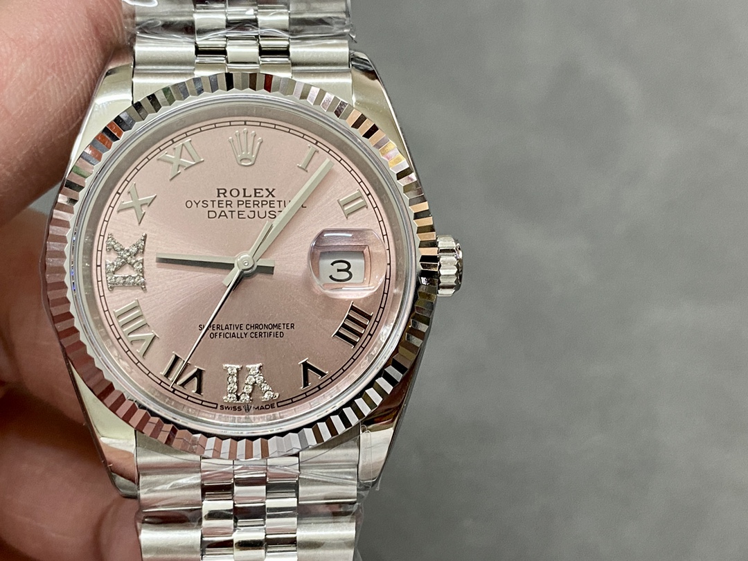 Replica Rolex Datejust 126234 Fluted Bezel Pink Roman Dial 36MM Unisex Watch - QualitySwissReplica