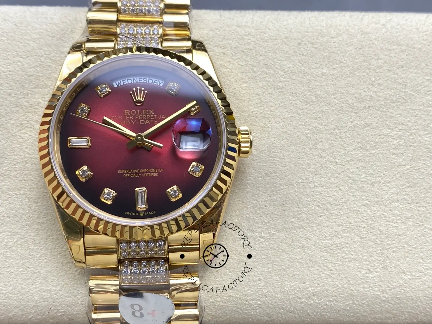 Replica Rolex Day-Date Dark Red Dial 128238 Women's Gold Watch - QualitySwissReplica