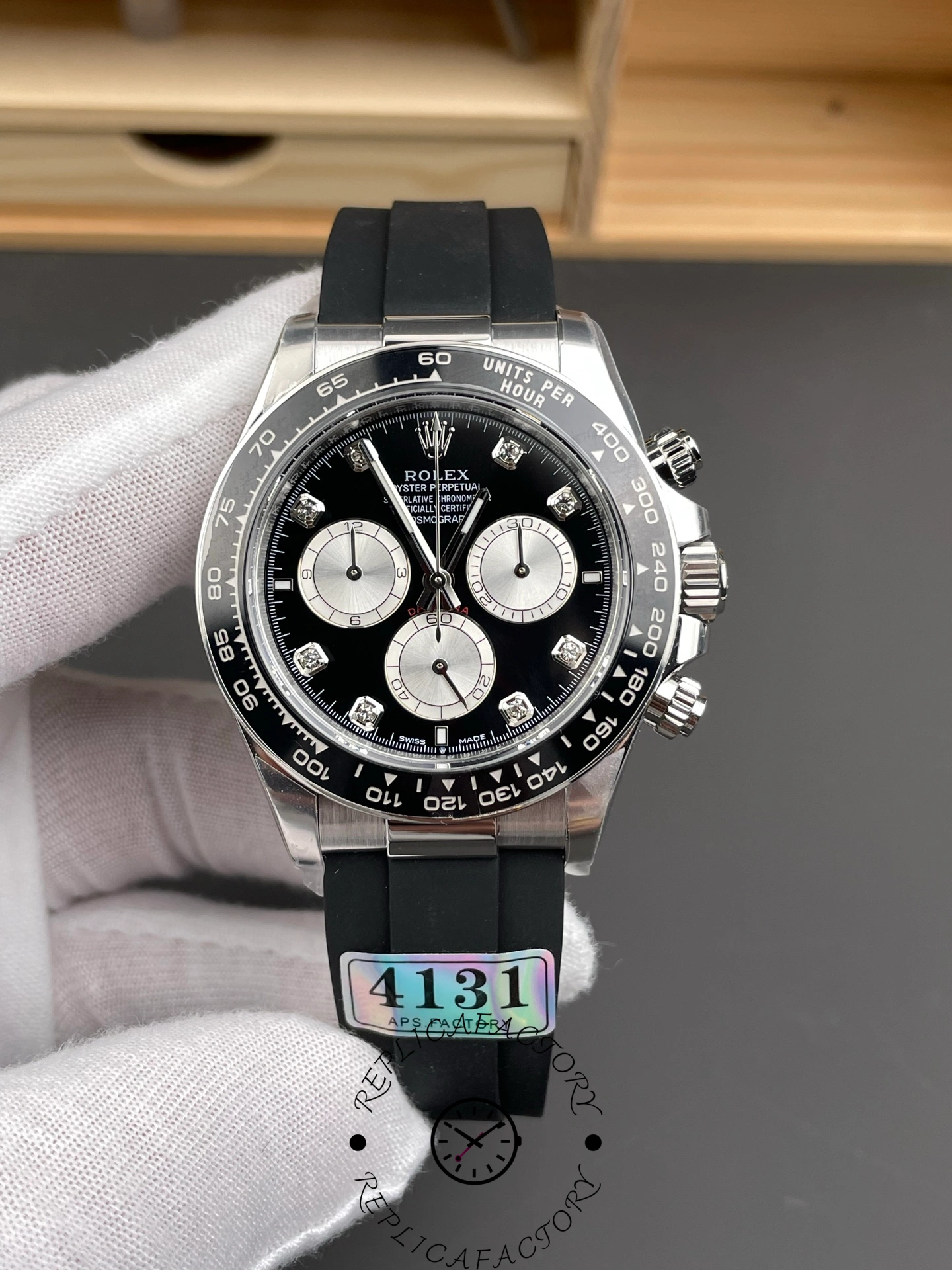 Replica Rolex Cosmograph Daytona White Gold 126519LN 0004 Bright Black Steel Diamond - QualitySwissReplica