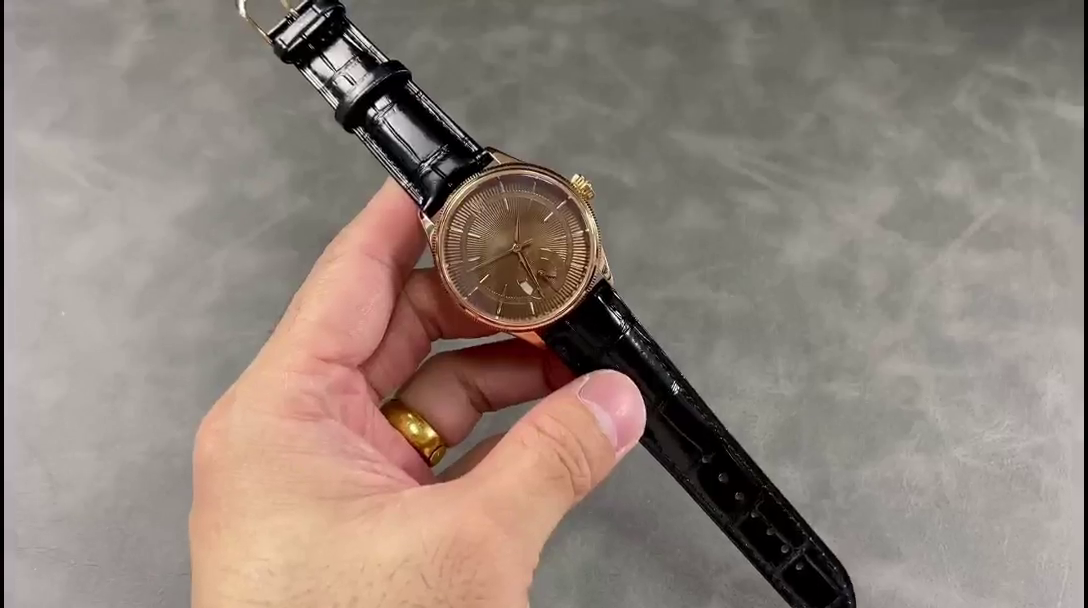 Replica Rolex Cellini Dual Time 50525 Brown Guilloche Dial Black Leather Strap 39mm Mens Watch - QualitySwissReplica