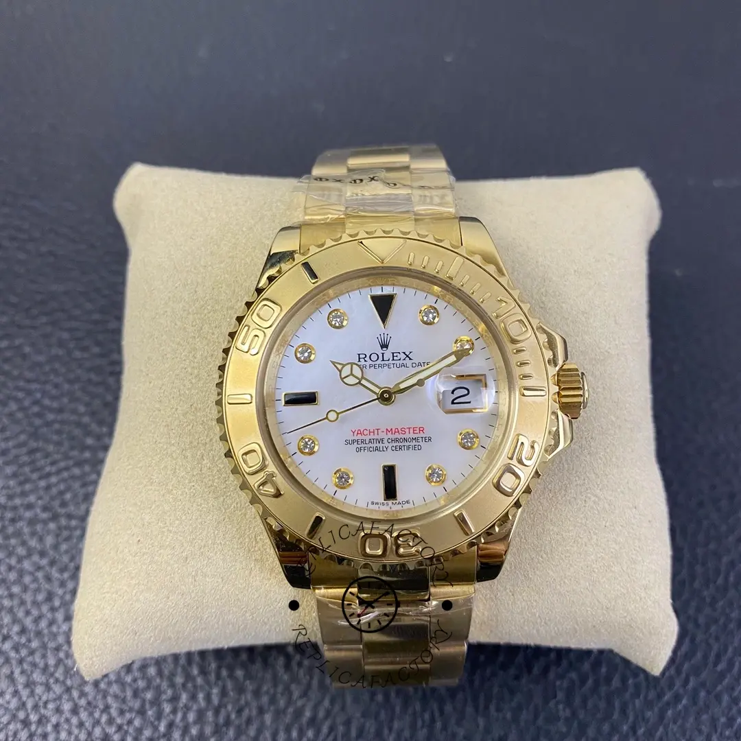 Replica Rolex Yacht Master 168628 White Mother of Pearl Diamond Dial Yellow Gold Case 35mm Women's Watch - QualitySwissReplica