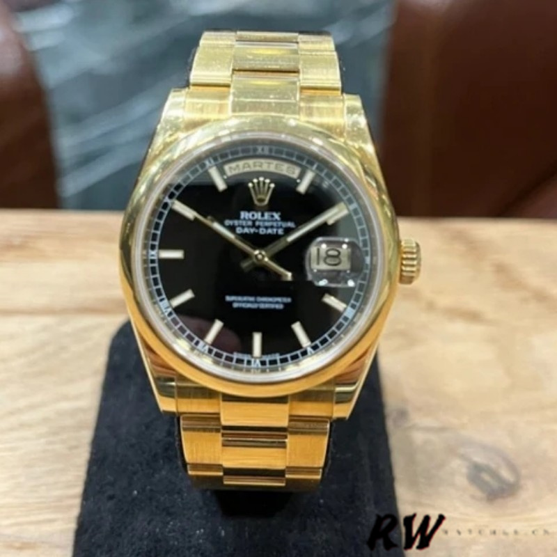 Replica Rolex Day-Date 118208 Black Arab Dial Yellow Gold 36mm Unisex Watch - QualitySwissReplica
