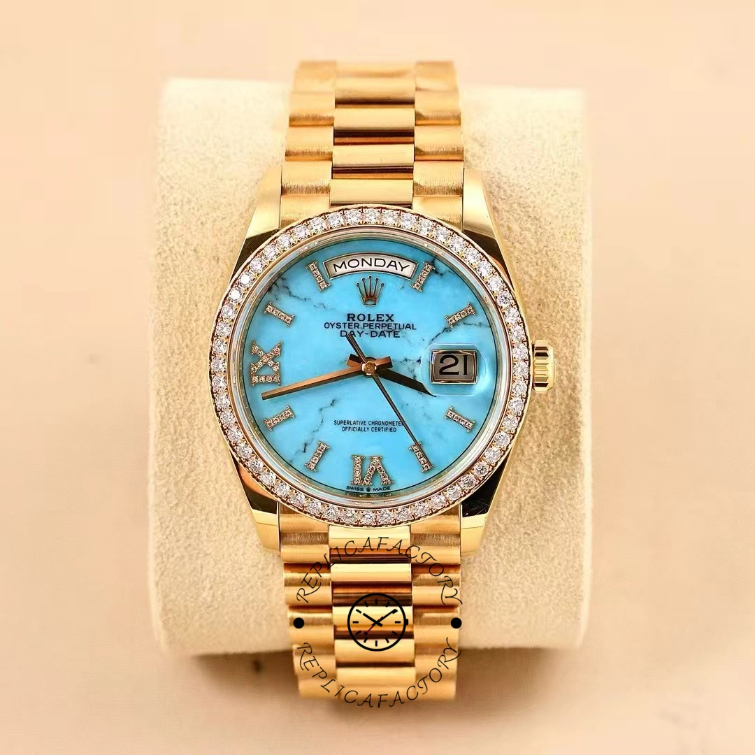 Replica Rolex Day-Date 128348RBR Turquoise Diamond Dial Yellow Gold 36MM Unisex Watch - QualitySwissReplica
