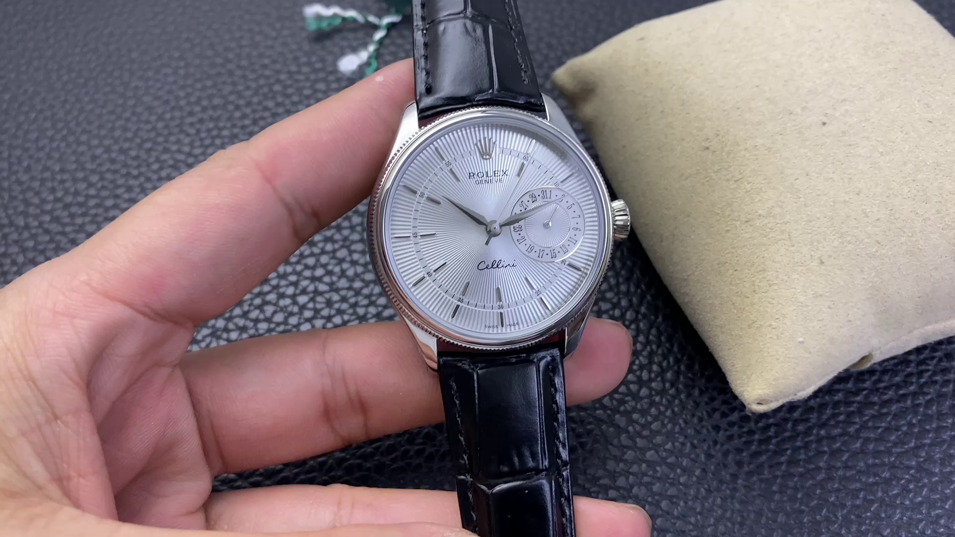 Replica Rolex Cellini Date 50519 Black Leather Silver Dial 39mm Mens Watch - QualitySwissReplica