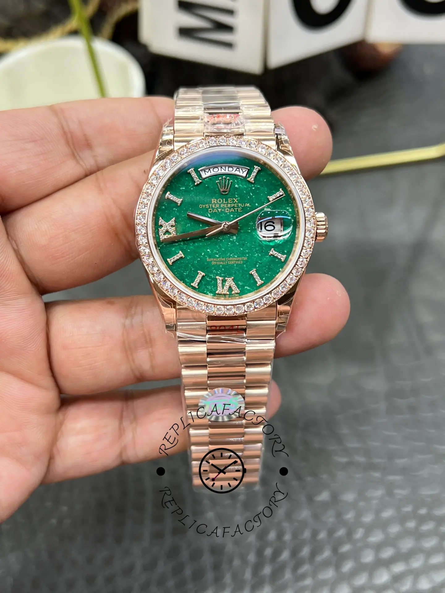 Replica Rolex Day Date Oyster 36 mm Everose Gold Diamonds Bezel M128345RBR 0068 - QualitySwissReplica