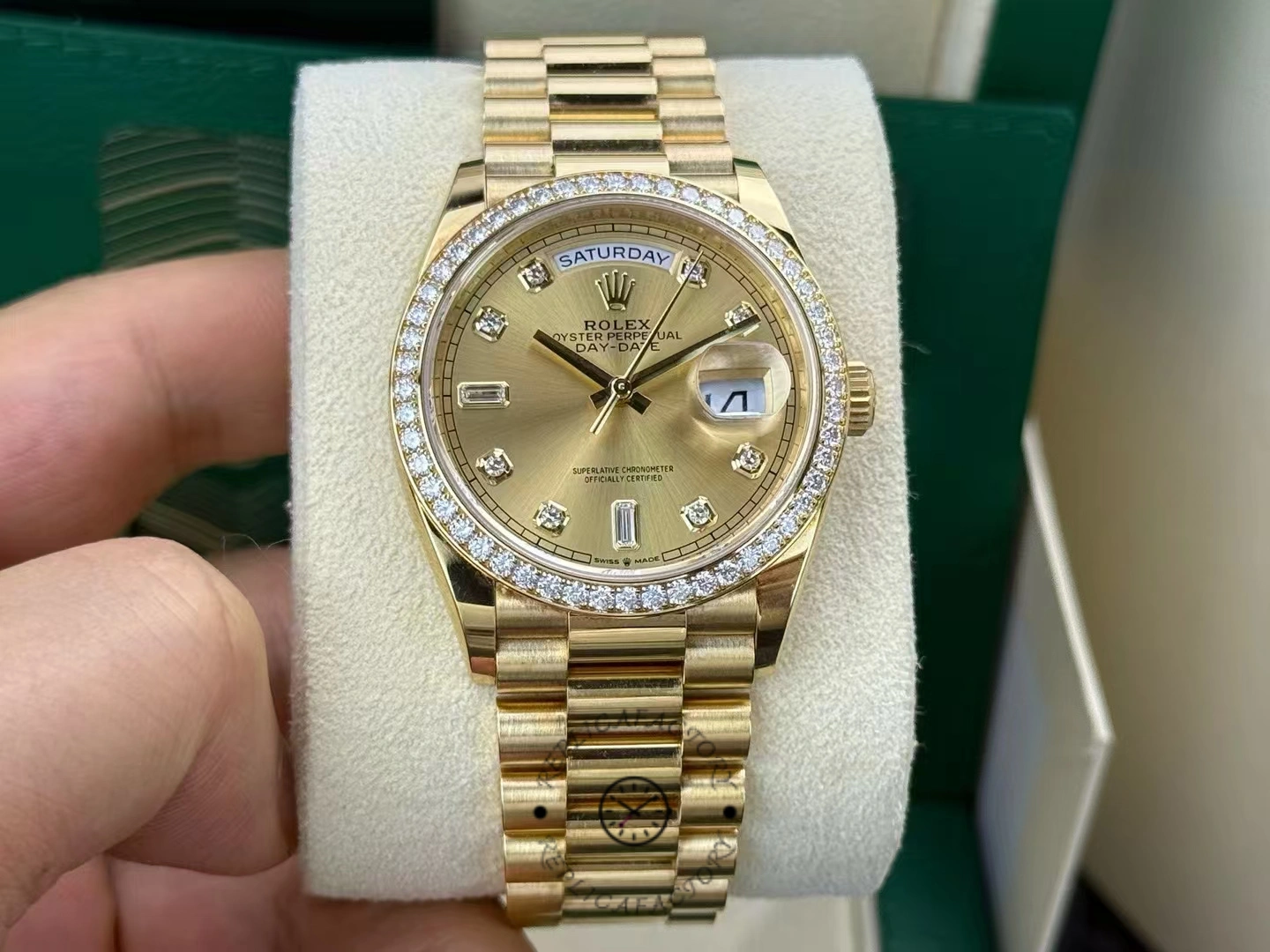 Replica Rolex Day-Date 128348RBR Champagne Diamond Dial Yellow Gold 36MM Unisex Watch - QualitySwissReplica