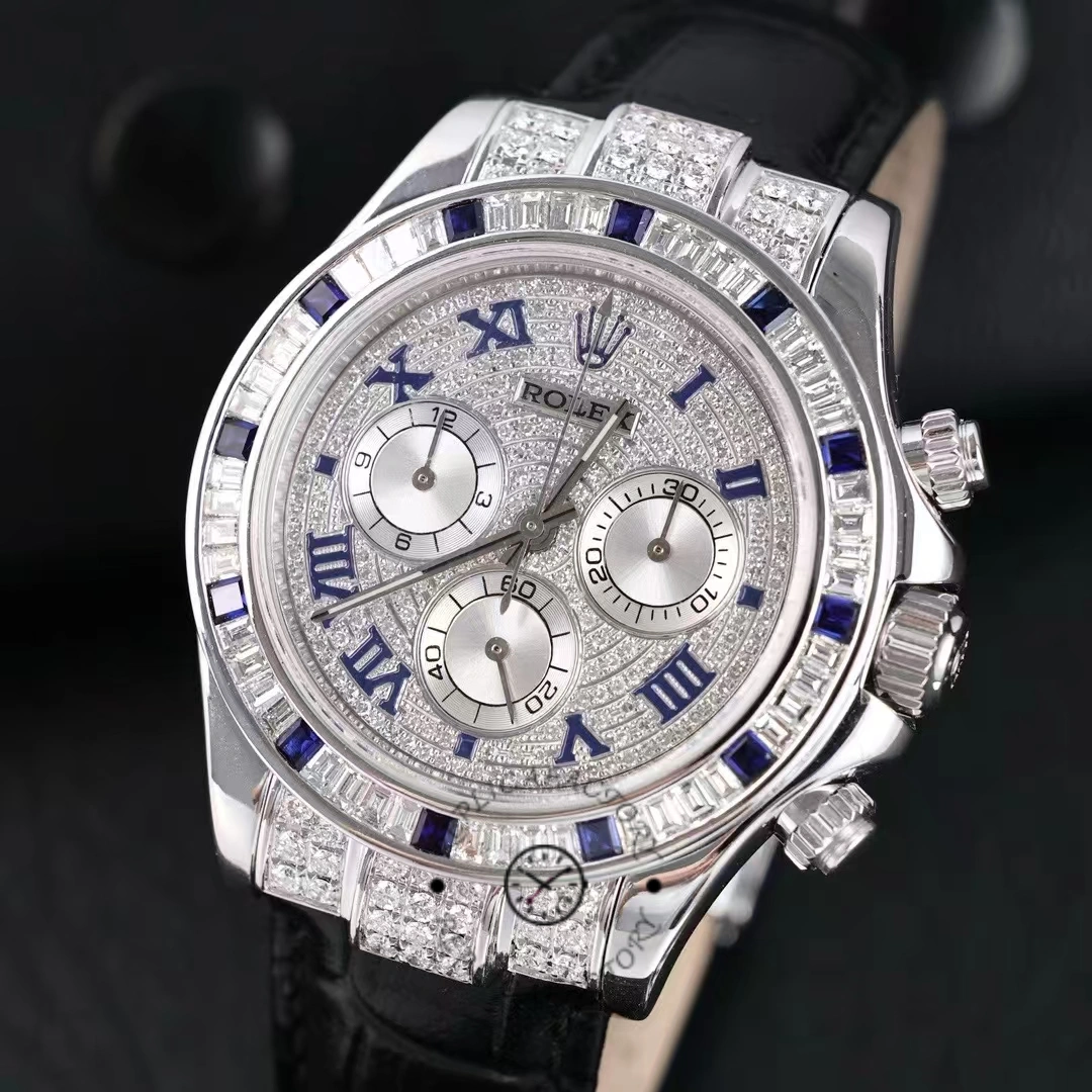 Replica Rolex Daytona 116599 pave diamond dial Blue Leather Strap 40mm Mens Watch - QualitySwissReplica