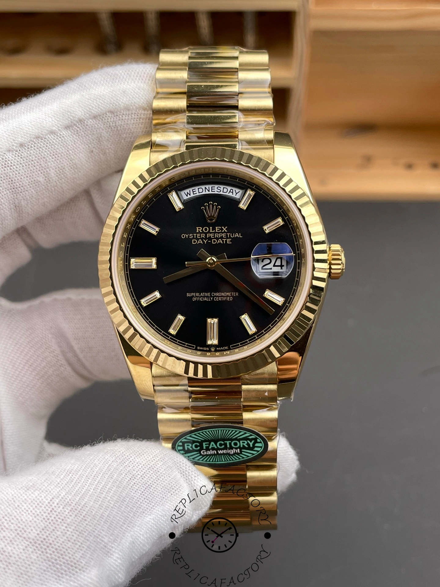Replica Rolex Day-Date 228238 0004 Black Diamond Dial Fluted Bezel 40mm Mens Watch - QualitySwissReplica