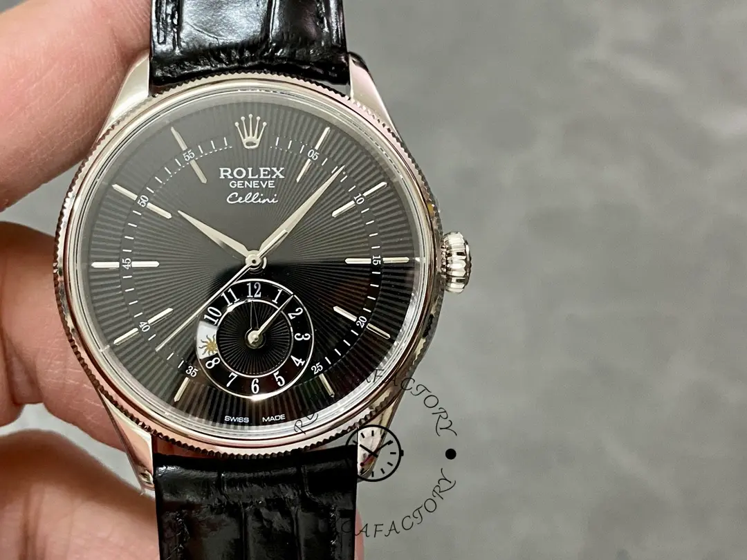 Replica Rolex Cellini Dual Time 50529 Black Dial White Gold 39mm Mens Watch - QualitySwissReplica