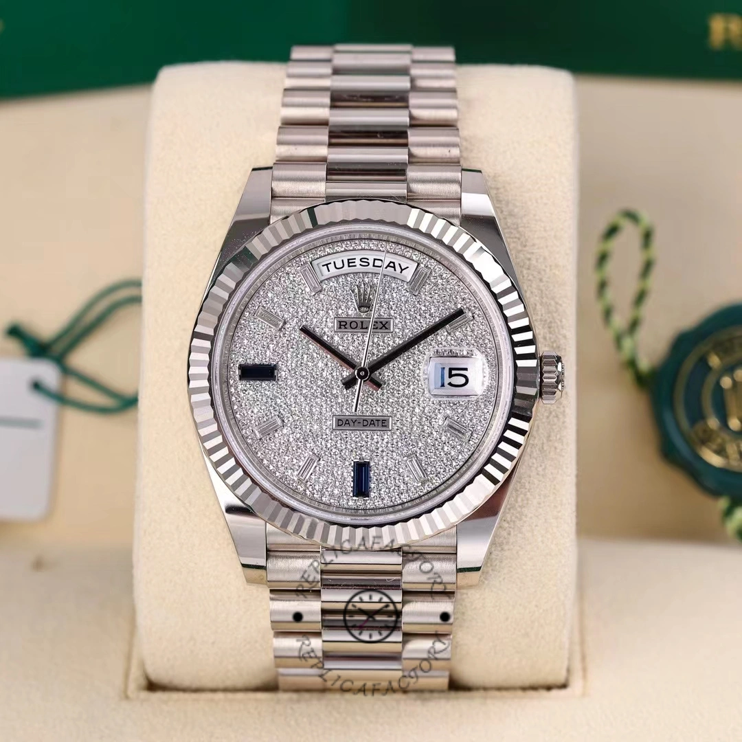 Replica Rolex Day-Date 228239 Diamond Paved Dial Fluted Bezel 40mm Mens Watch - QualitySwissReplica