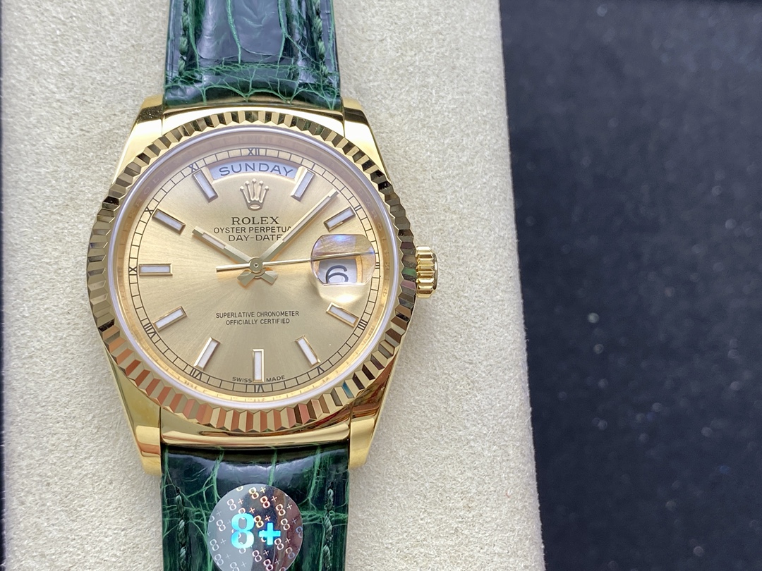 Replica Rolex Day Date 36 Yellow Gold Champagne Dial 118138 0125 Green Strap - QualitySwissReplica