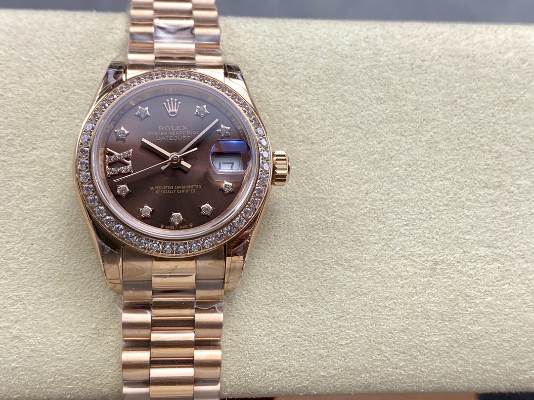 Replica Rolex Datejust 28mm Everose Gold 279135RBR 0001 Chocolate 17 Diamond President Lady - QualitySwissReplica
