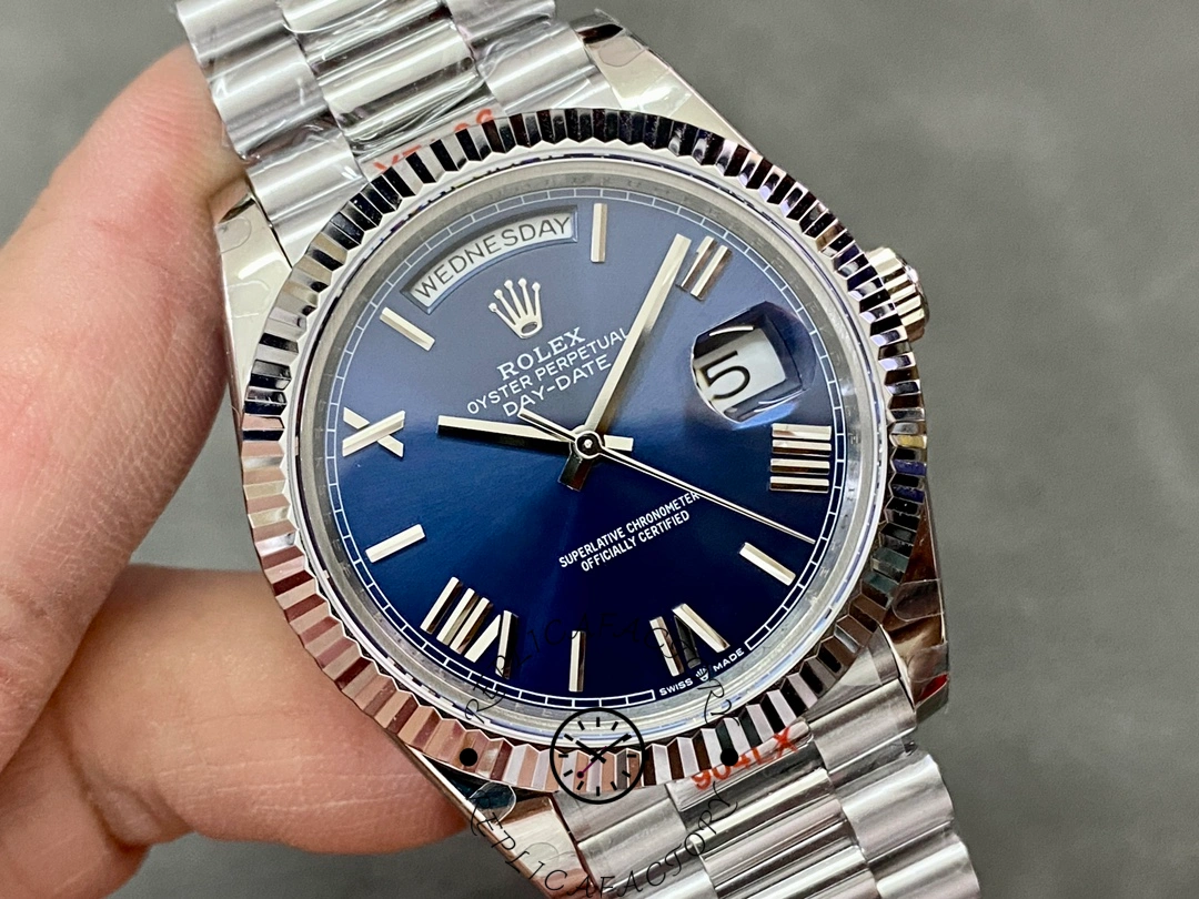 Replica Rolex Day-Date 228239 Blue Roman Dial Fluted Bezel 40mm Mens Watch - QualitySwissReplica