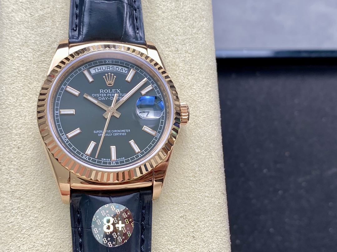 Replica Rolex Day Date 36 Everose Gold Black Dial 118135 0063 Leather Watch - QualitySwissReplica