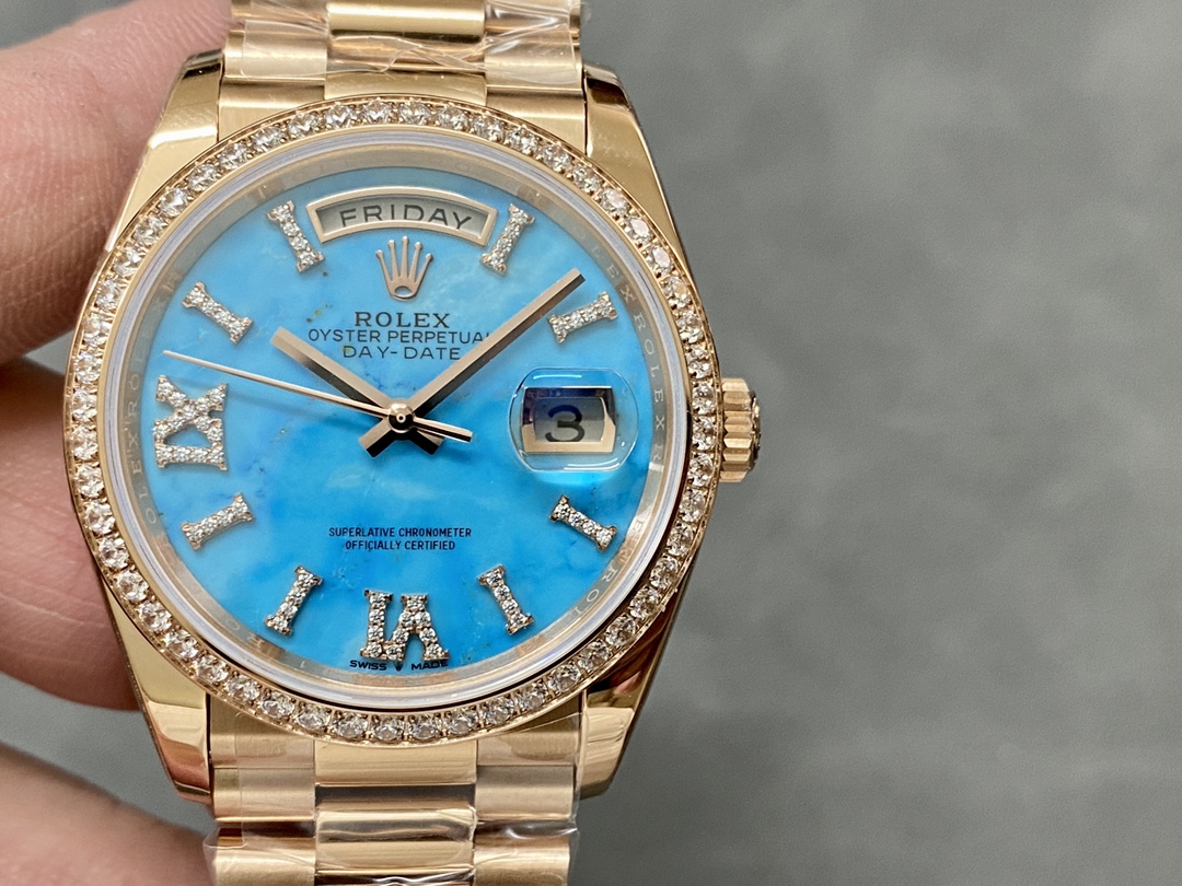 Replica Rolex Day-Date 36 Rose Gold Turquoise Diamond-Set Roman Dial Diamond Bezel m128345rbr 0064 - QualitySwissReplica