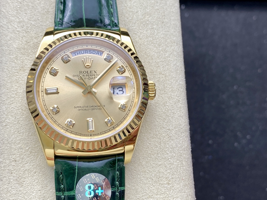 Replica Rolex Day Date 36 Yellow Gold Champagne Dial 118138 0148 Green Leather Strap - QualitySwissReplica
