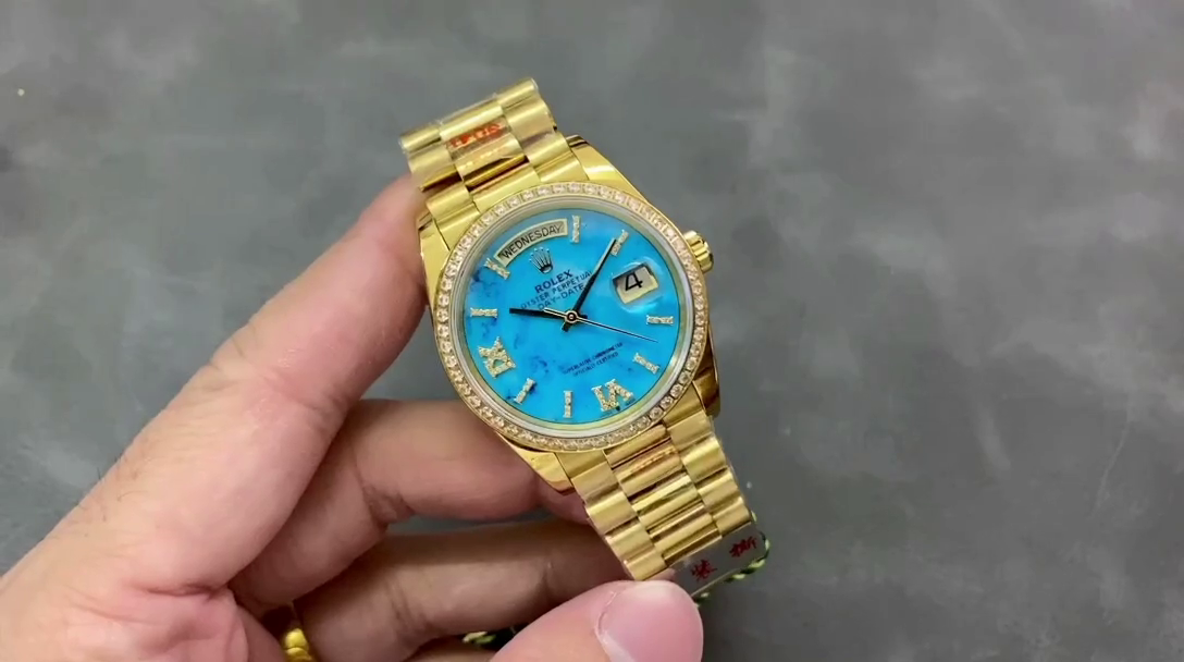 Replica Rolex Day-Date 128348RBR Turquoise Diamond Dial Yellow Gold 36MM Unisex Watch - QualitySwissReplica