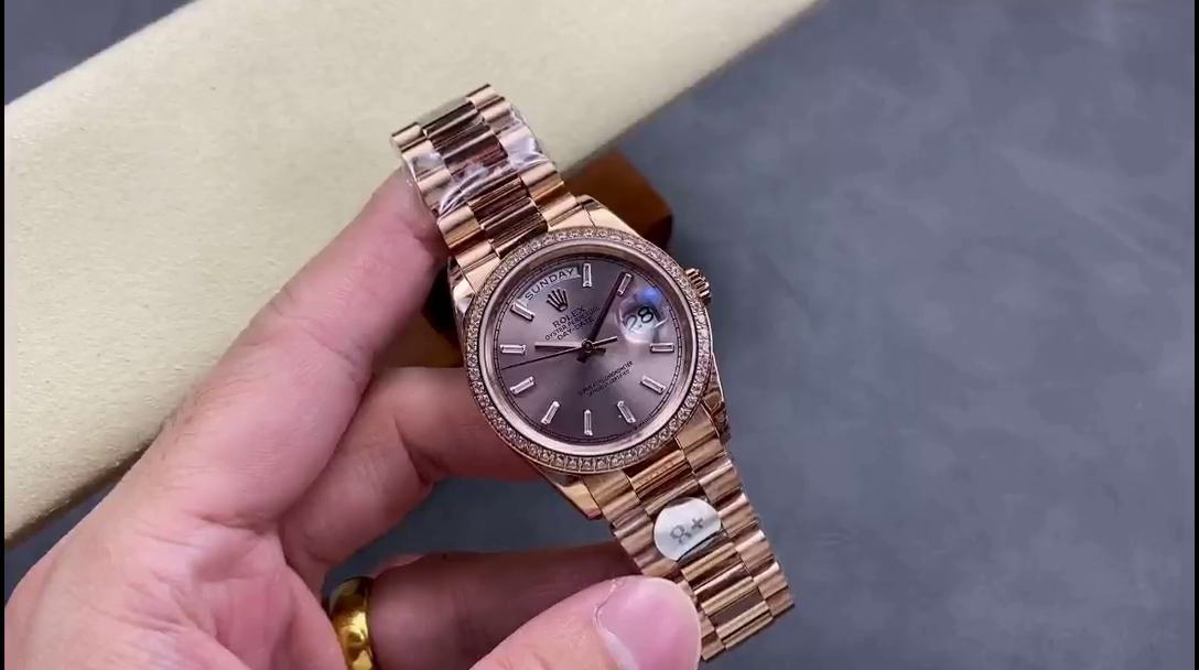 Replica Rolex Day-Date 228345RBR 0007 Sundust Diamond Dial Diamond Bezel 40mm Mens Watch - QualitySwissReplica