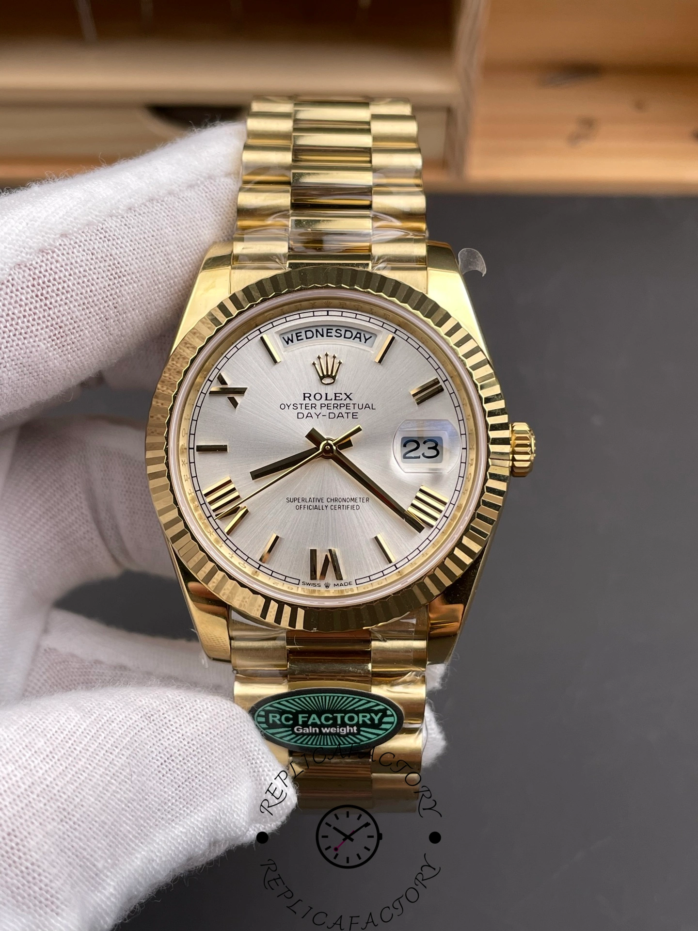 Replica Rolex Day-Date 228238 Silver Roman Dial Fluted Bezel 40mm Mens Watch - QualitySwissReplica