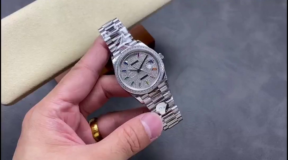 Replica Rolex Day Date 36mm White Gold 128349RBR 0006 Pave Rainbow - QualitySwissReplica