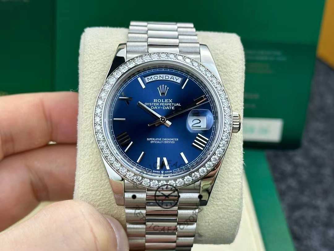 Replica Rolex Day-Date 228349RBR Blue Roman Dial Diamond Bezel 40mm Mens Watch - QualitySwissReplica