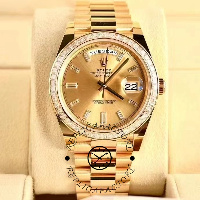 Replica Rolex Day-Date 228398TBR Champagne Diamond Dial Diamond Bezel 40mm Mens Watch - QualitySwissReplica