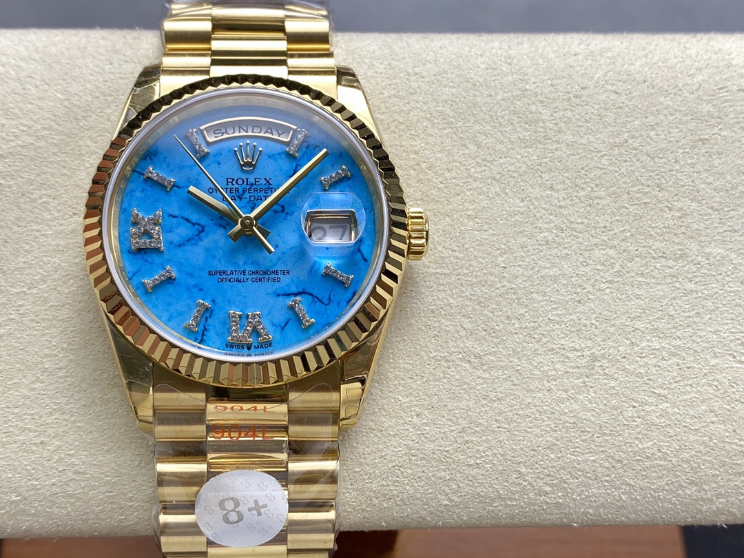 Replica Rolex Day-Date 128238 Fluted Bezel Turquoise Diamond Dial 36MM Unisex Watch - QualitySwissReplica