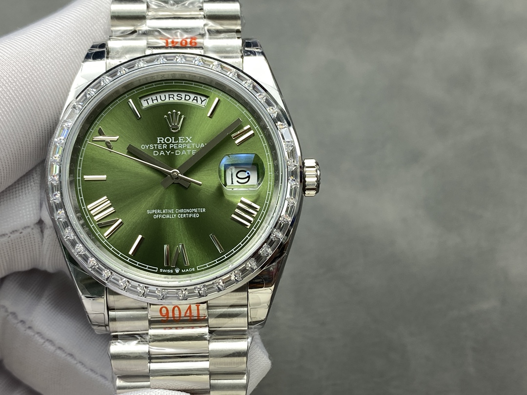 Replica Rolex Day Date 40 Platinum Olive Green Dial Diamond Bezel M228396TBR 0020 Watch - QualitySwissReplica