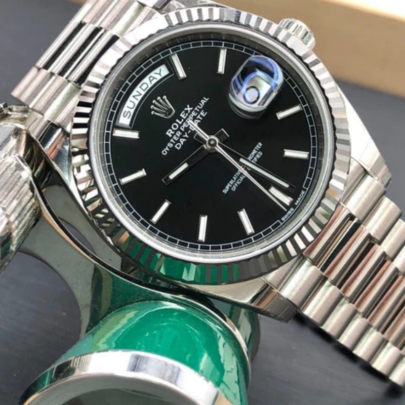Replica Rolex Day-Date 228239 Black Index Dial Fluted Bezel 40mm Mens Watch - QualitySwissReplica