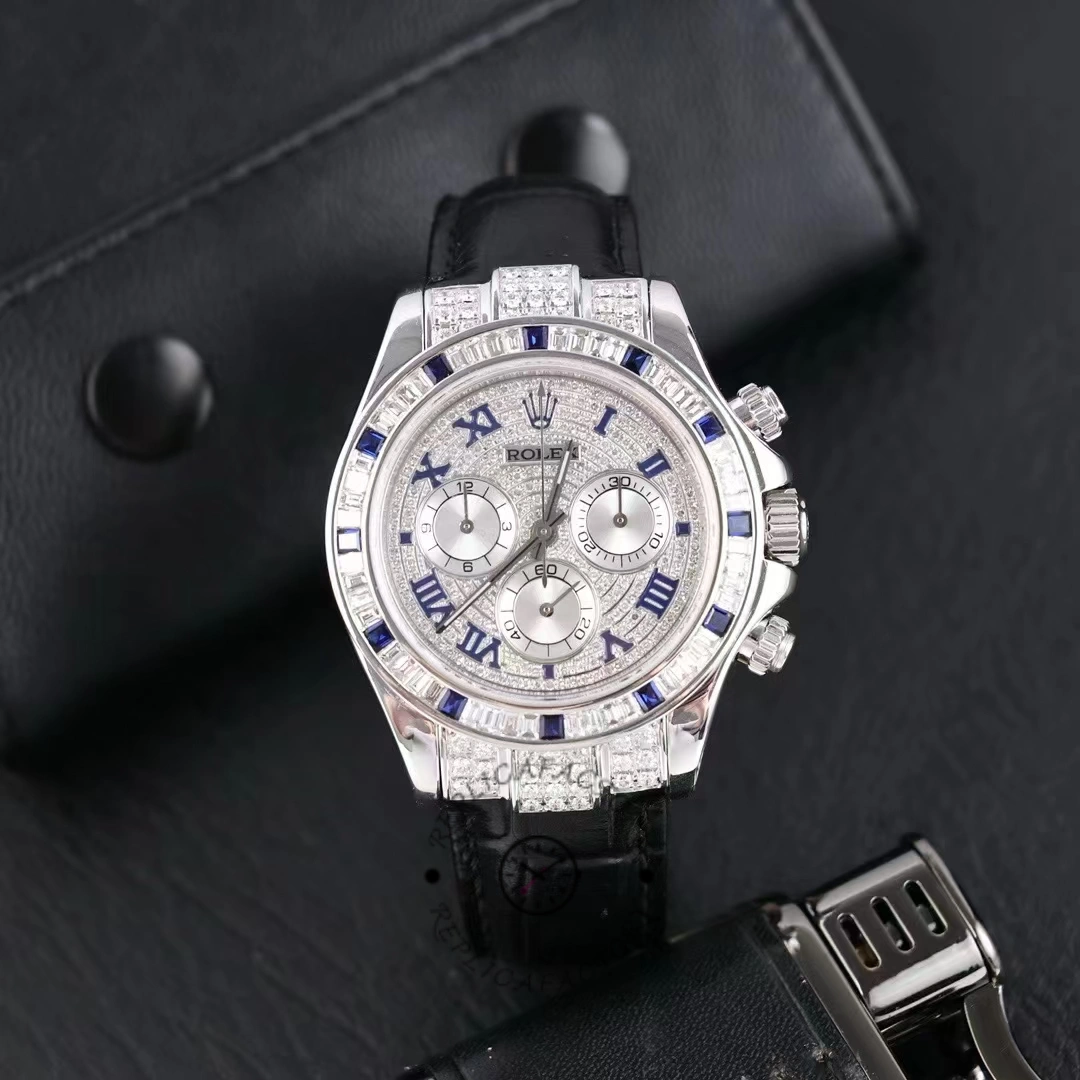 Replica Rolex Daytona 116599 pave diamond dial Blue Leather Strap 40mm Mens Watch - QualitySwissReplica