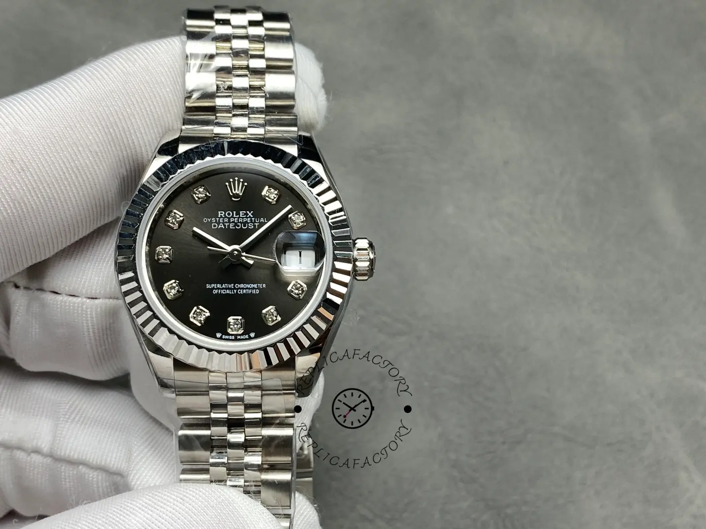 Replica Rolex Datejust 279174 Stainless Steel Dark Grey Diamond Dial 28mm Lady Watch - QualitySwissReplica