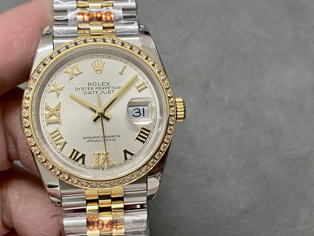 Replica Rolex Datejust 36 Yellow Gold & Diamonds Silver Diamond Pave Roman Dial m126283rbr 0017 - QualitySwissReplica