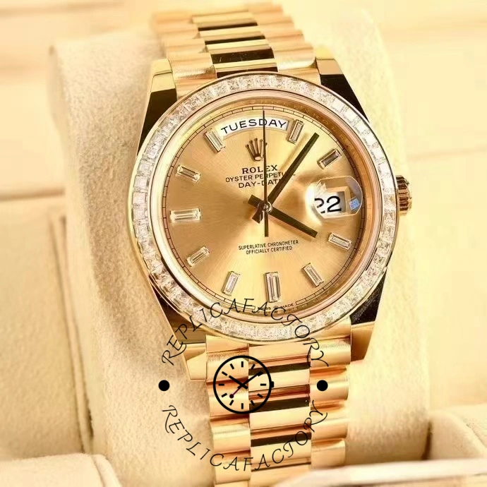 Replica Rolex Day-Date 228398TBR Champagne Diamond Dial Diamond Bezel 40mm Mens Watch - QualitySwissReplica