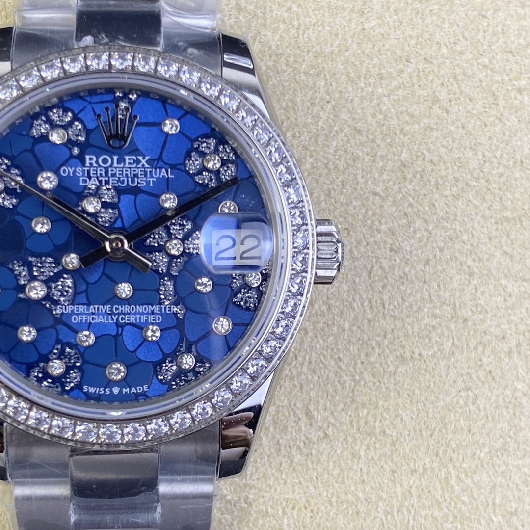 Replica Rolex Datejust 31 Azzurro Blue Floral Motif with Diamonds Steel M278384RBR 0039 Ladies Watch - QualitySwissReplica
