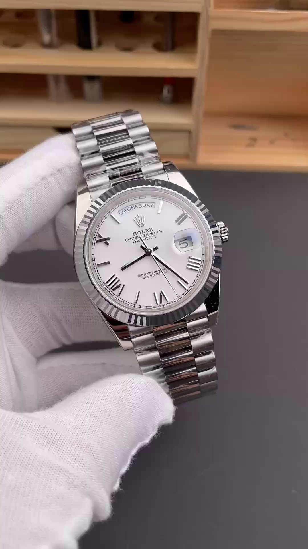 Replica Rolex Day-Date 228239 White Roman Dial Fluted Bezel 40mm Mens Watch - QualitySwissReplica