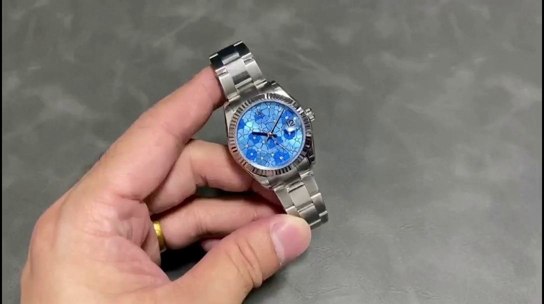 Replica Rolex Datejust 31 Stainless Steel and White Gold Azzuro-Blue-Floral-Motif Diamond Dial m278274-0035 - QualitySwissReplica