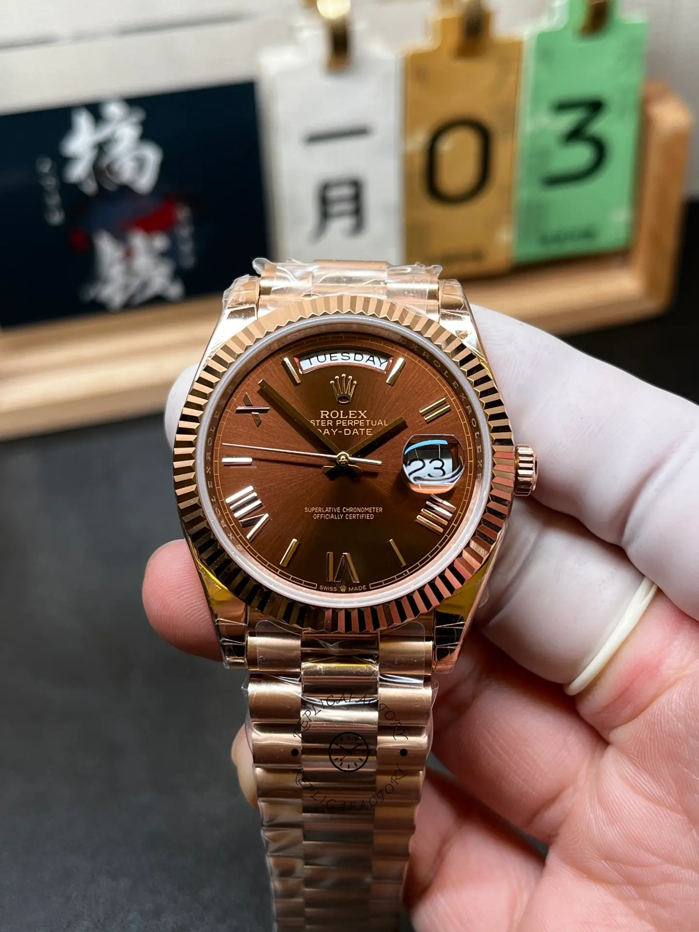 Replica Rolex Day-Date 228235-0002 Chocolate Brown Dial Fluted Bezel 40mm Mens Watch - QualitySwissReplica