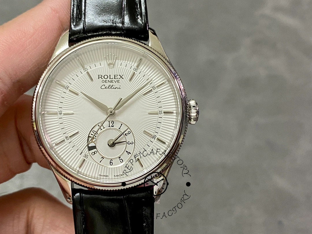Replica Rolex Cellini Dual Time 50529 Silver Sunburst Dial Black Leather Strap 39mm Mens Watch - QualitySwissReplica