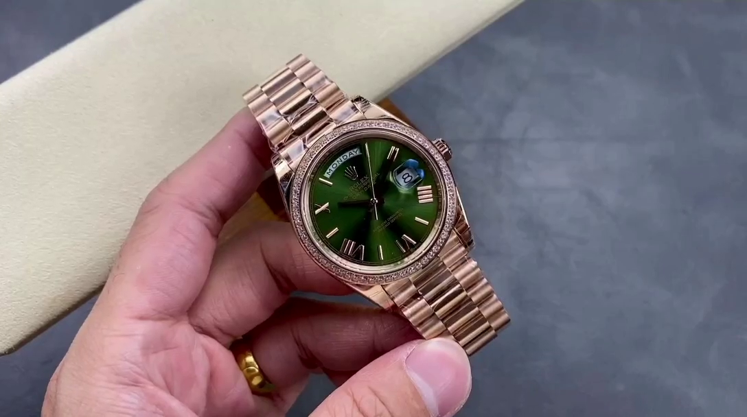 Replica Rolex Day-Date 228345RBR 0011 Olive Green Roman Dial Diamond Bezel 40mm Mens Watch - QualitySwissReplica
