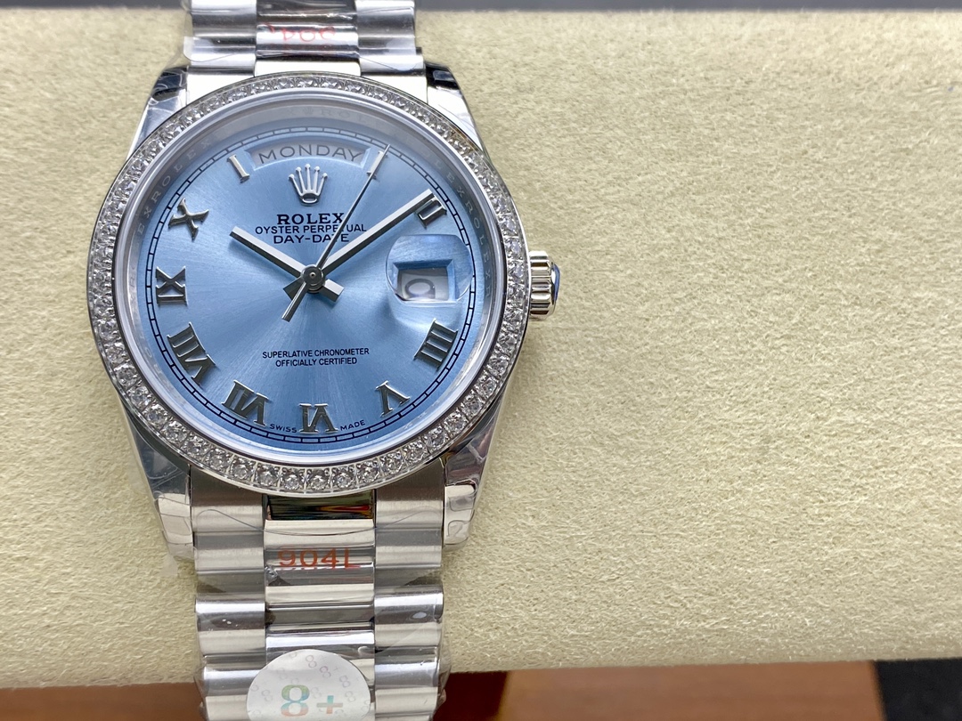 Replica Rolex Day Date 36 Diamond Bezel Ice Blue Roman Dial m128396tbr 0019 - QualitySwissReplica
