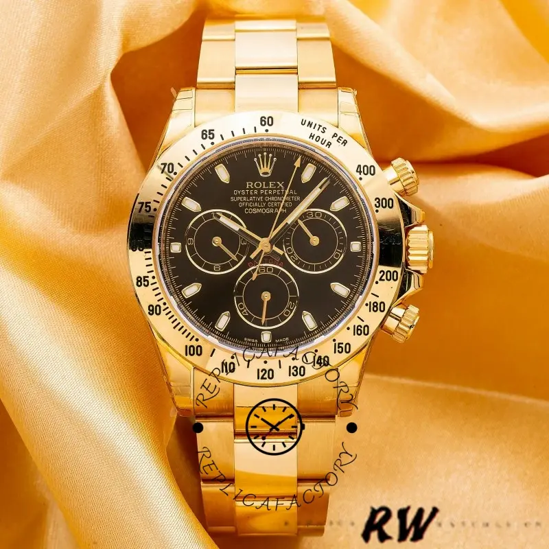 Replica Rolex Daytona 116528 Black Dial Yellow Gold 40mm Mens Watch - QualitySwissReplica