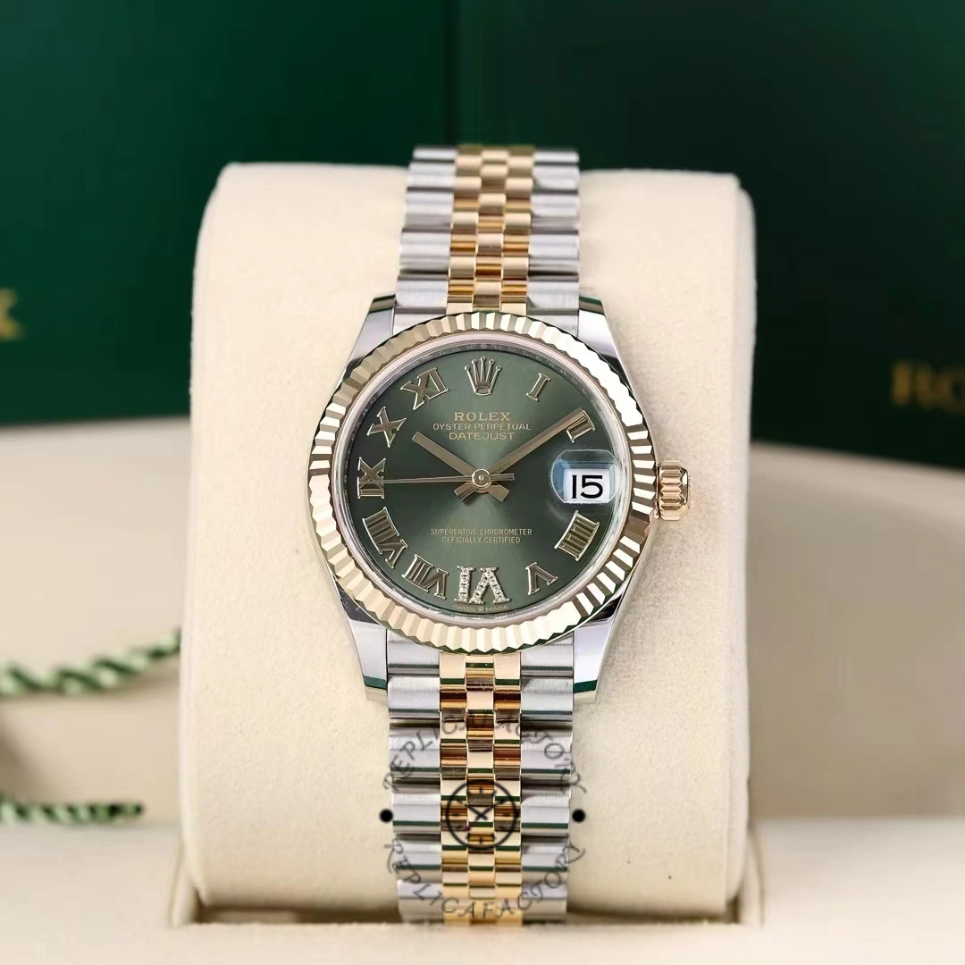 Replica Rolex Datejust 31mm Stainless Steel and Yellow Gold 278273 0016 Green VI Roman Jubilee - QualitySwissReplica