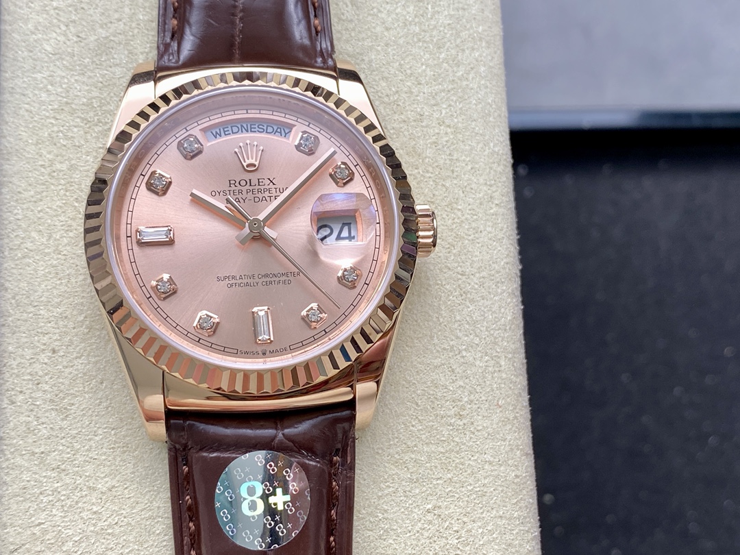 Replica Rolex Day Date 36 Yellow Gold Case 118135 0101 Brown Leather Watch - QualitySwissReplica