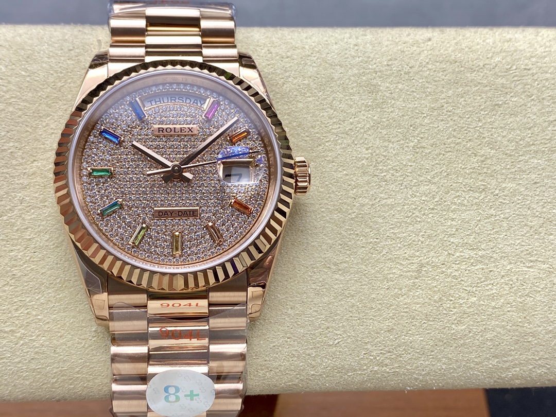 Replica Rolex Day Date 36 Diamond Paved Dial Fluted Bezel 18K Everose gold 128235 0039 President Watch - QualitySwissReplica