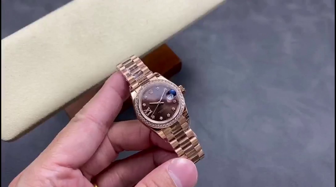 Replica Rolex Datejust 28mm Everose Gold 279135RBR 0001 Chocolate 17 Diamond President Lady - QualitySwissReplica