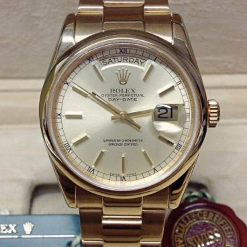 Replica Rolex Day-Date 118208 champagne dial with gold indexes 36mm Unisex Watch - QualitySwissReplica