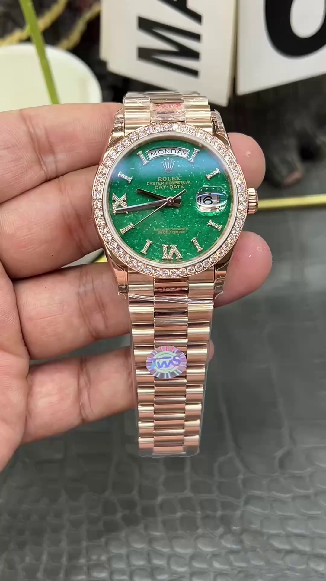Replica Rolex Day Date Oyster 36 mm Everose Gold Diamonds Bezel M128345RBR 0068 - QualitySwissReplica