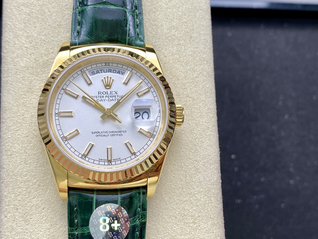 Replica Rolex Day Date 36 White Dial 118135 0123 Green Leather Watch - QualitySwissReplica