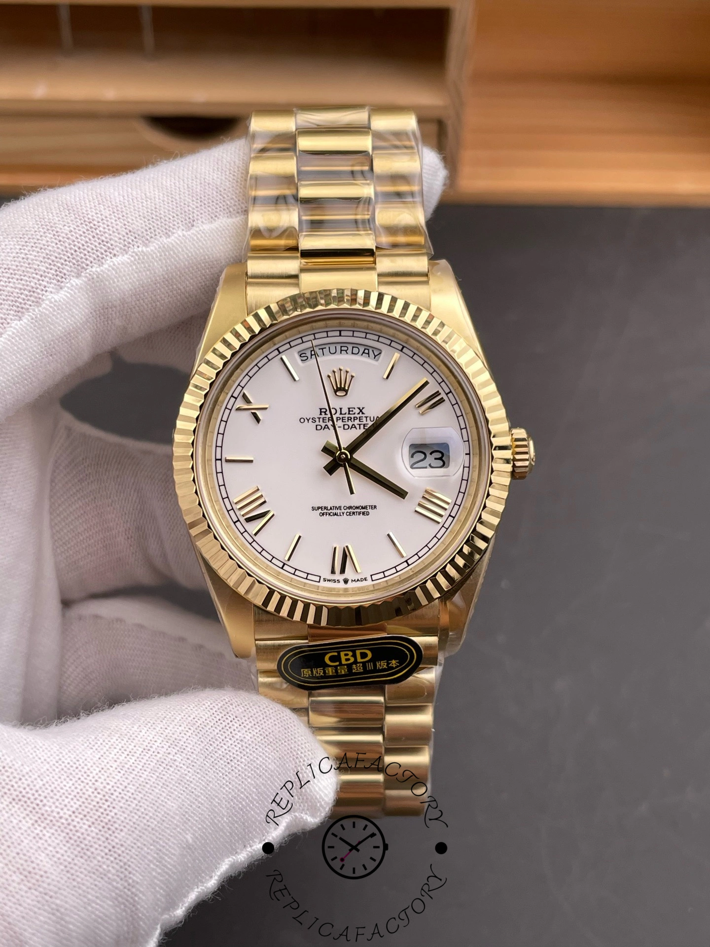 Replica Rolex Day-Date 228238 White Roman Dial Fluted Bezel 40mm Mens Watch - QualitySwissReplica